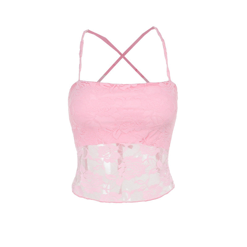 Damen Spitzen-Crop-Top mit verstellbaren Spaghetti-Trägern und floralem Muster Drune