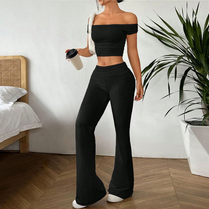 Damen lässiges Crop-Top und High-Waist-Hosen Set Drune