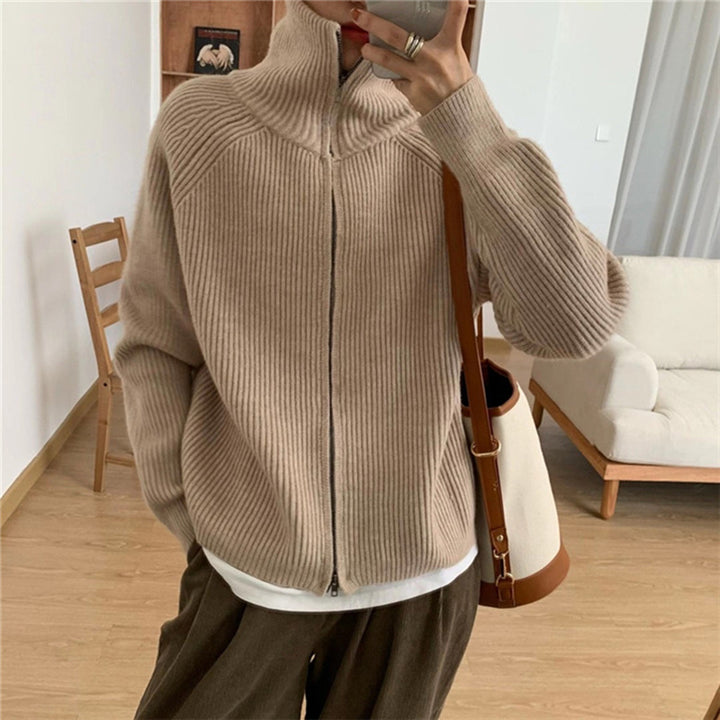 Damen Strickjacke mit hohem Kragen und modischem Rippenmuster Drune