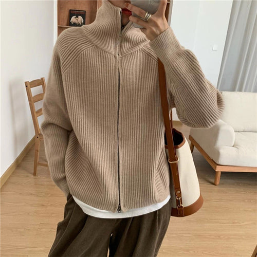 Damen Strickjacke mit hohem Kragen und modischem Rippenmuster Drune