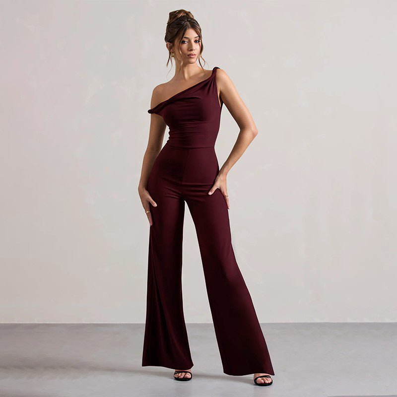 Damen schulterfreier Jumpsuit mit weitem Bein und elastischem Oberteil Drune