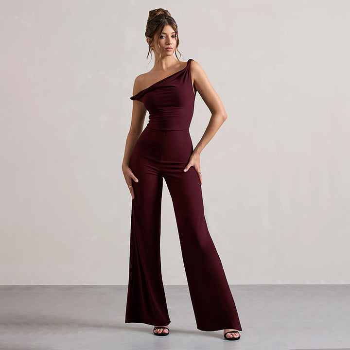 Damen schulterfreier Jumpsuit mit weitem Bein und elastischem Oberteil Drune