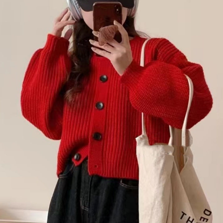 Damen modische Strickjacke mit knöpfbarem Design und balloonärmeln Drune