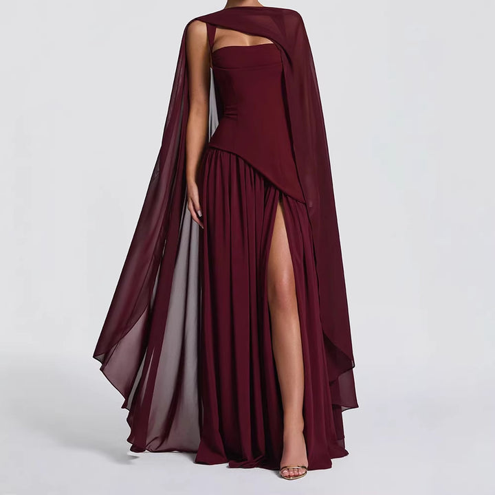 Damen Elegantes Maxikleid mit asymmetrischem Schnitt und fließendem Cape Drune