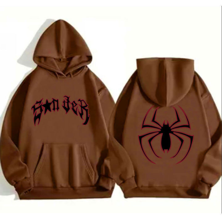 Damen Kapuzenpullover mit auffälligem Spinnenmotiv und grobem Schriftzug Drune