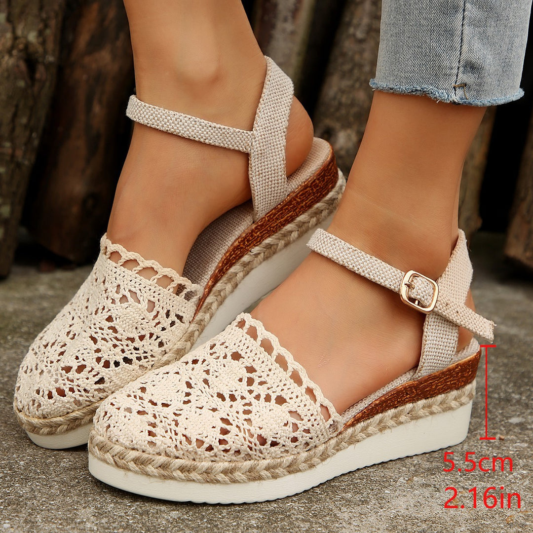 Damen elegante Espadrilles mit handgefertigtem Häkel-Design und verstellbarem Knöchelriemen Drune