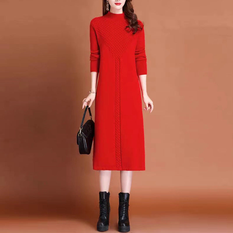 Damen Strickmaxikleid mit hohem Kragen und eleganten Zopfdetails Drune