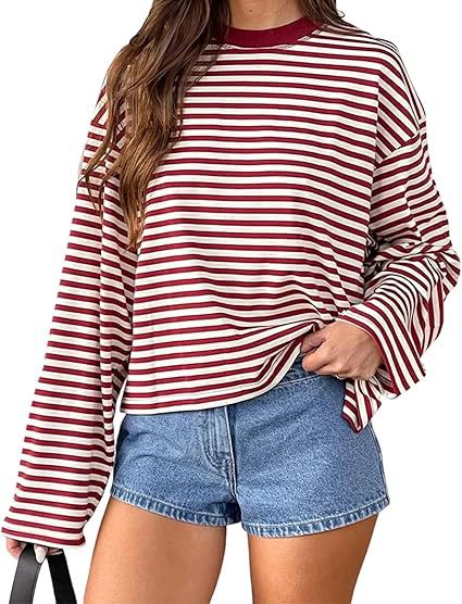 Damen bequemes Streifen-T-Shirt mit langen Ärmeln Drune