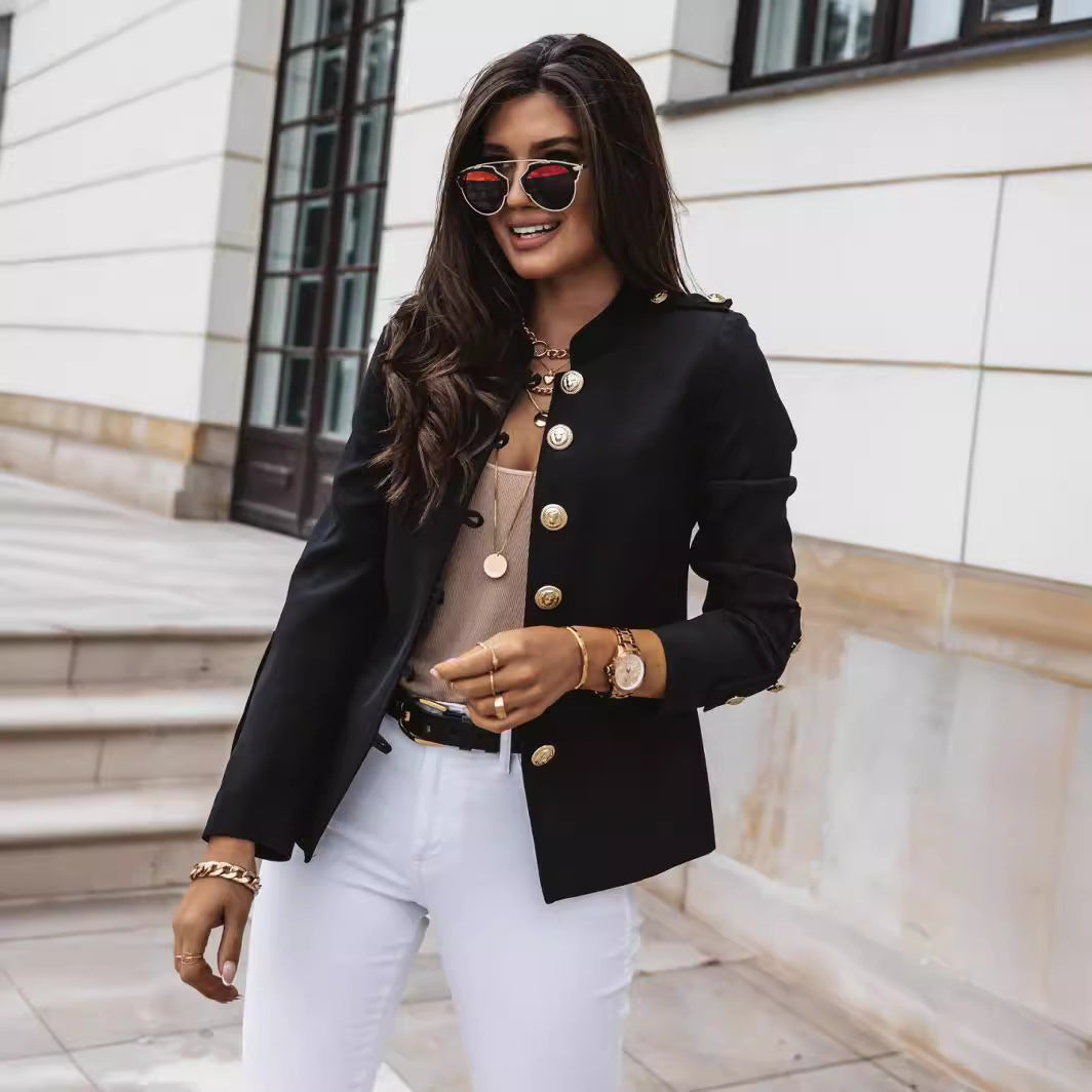 Damen nan militärischer Blazer mit Stehkragen und dekorativen Goldknöpfen Drune
