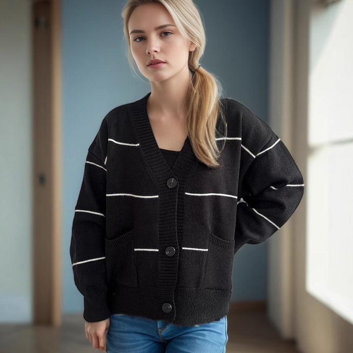 Damen lässige Strickjacke mit praktischen Taschen und modischen Kontraststreifen Drune