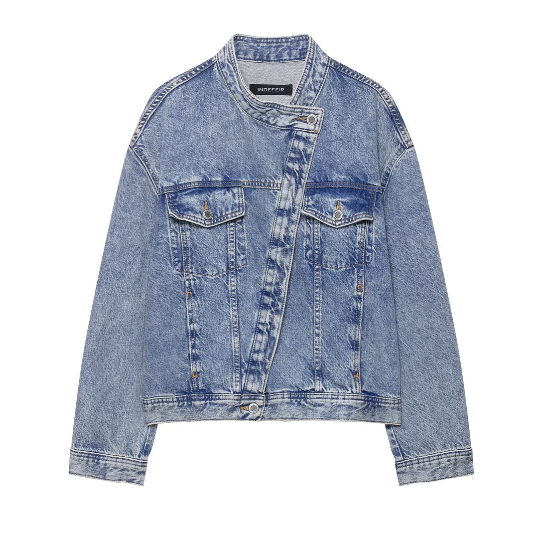 Damen lässige Jeansjacke mit abnehmbaren Taschen Drune