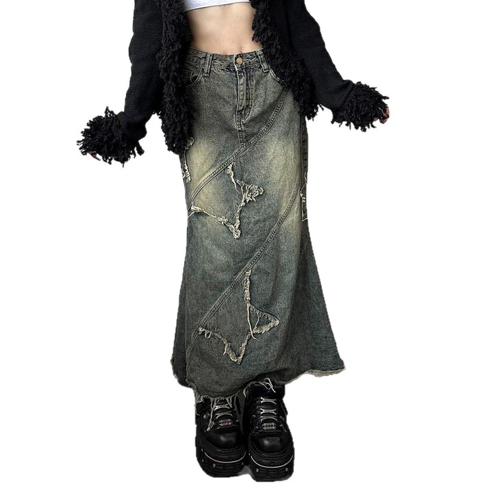 Damen nan vintage Denim-Maxirock mit ausgefransten Patches und diagonalen Ziernähten Drune