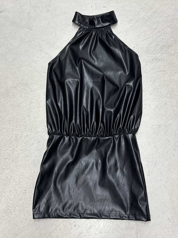 Damen ärmelloses Kunstlederkleid mit modernem Stehkragen Drune