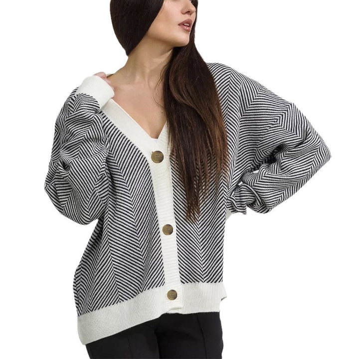 Damen modischer Strickcardigan im Chevron-Muster mit eleganter Knopfleiste Drune