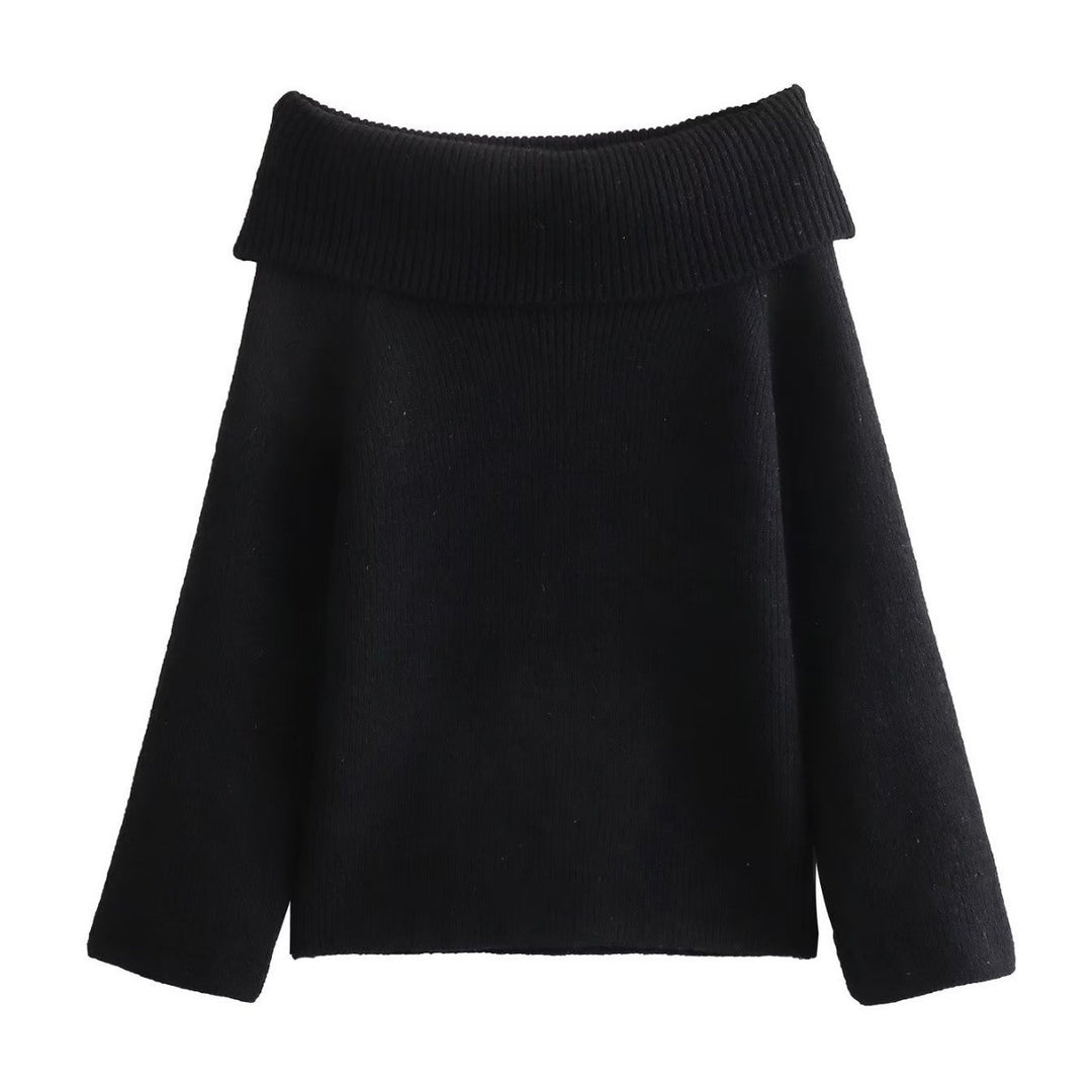 Damen nan oversize schulterfreier Strickpullover mit breitem Umschlagkragen und Rippstruktur Drune