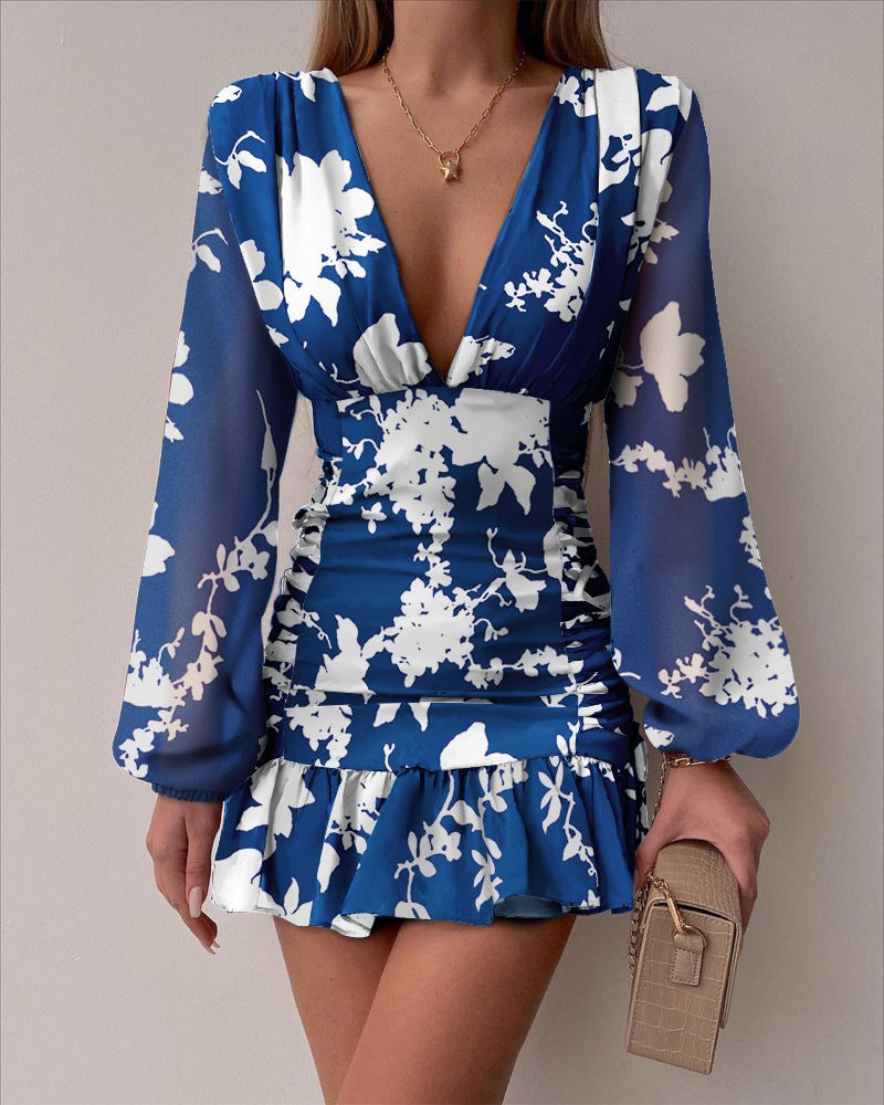Damen Mini-Rüschendress mit V-Ausschnitt und eleganten Puffärmeln Drune