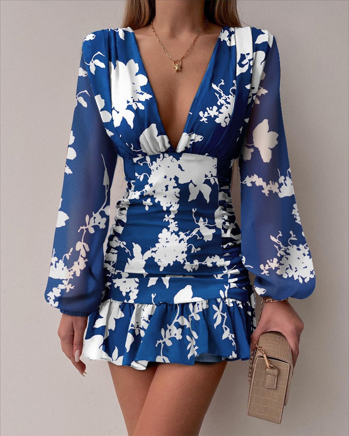 Damen Mini-Rüschendress mit V-Ausschnitt und eleganten Puffärmeln Drune