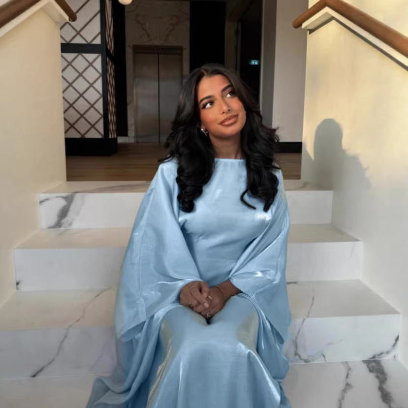 Damen Glamouröses Satin-Maxi-Kleid mit weitem Schnitt und eleganten Ärmeln Drune