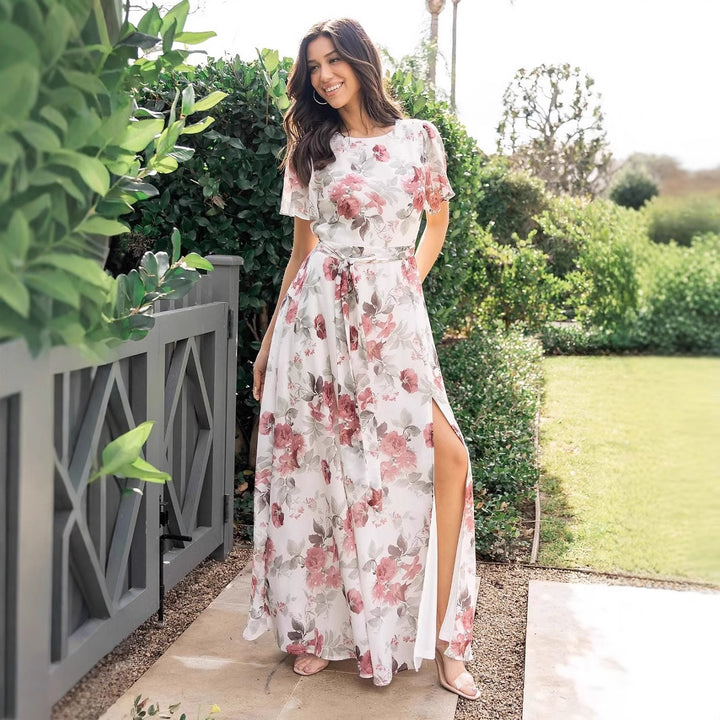 Damen florales Maxikleid mit tiefem Schlitz und Taillengürtel Drune