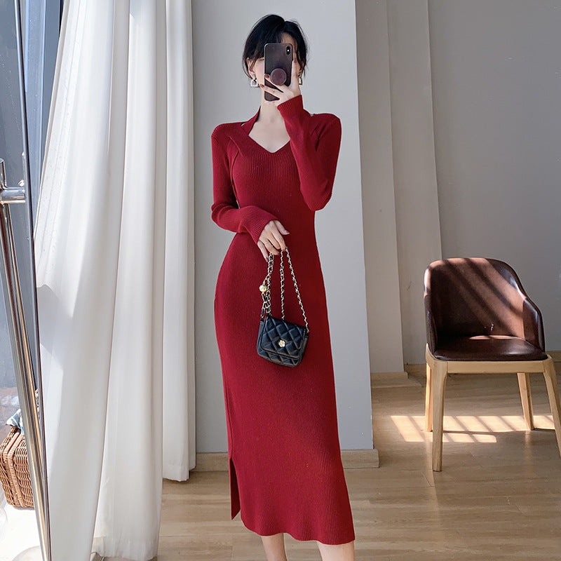 Damen langärmliges Kleid mit V-Ausschnitt und seitlichem Schlitz Drune