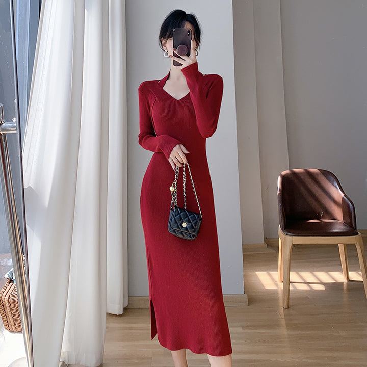 Damen langärmliges Kleid mit V-Ausschnitt und seitlichem Schlitz Drune