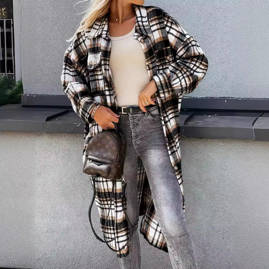 Damen Karierter Hemdblusenmantel aus weichem Baumwollmix Drune