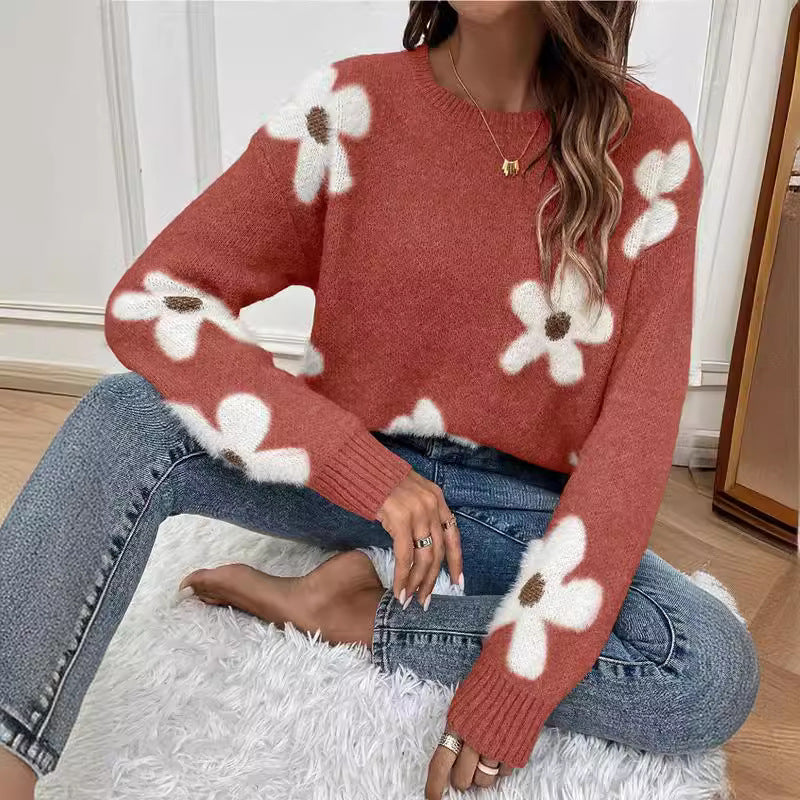 Damen Strickpullover mit floralem Design und modernem V-Ausschnitt Drune