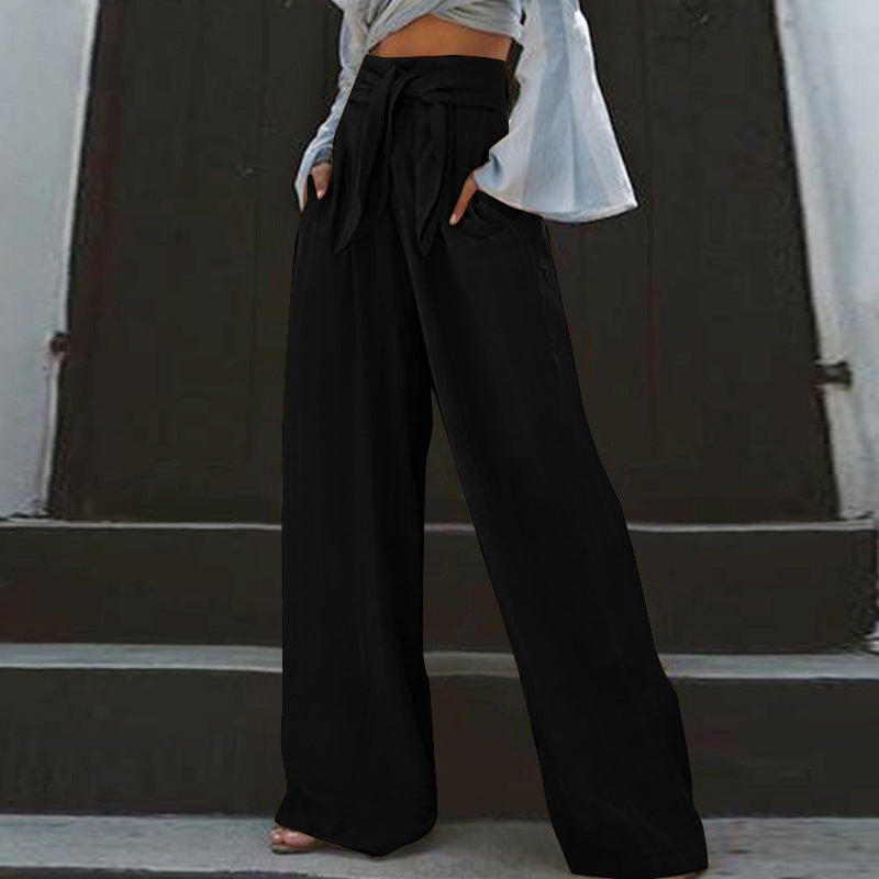 Damen nan weite High-Waist Leinenhose mit Bindegürtel und Eingrifftaschen Drune