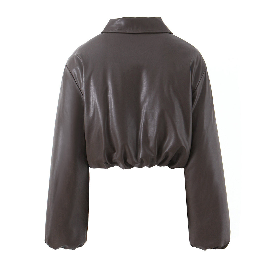 Damen cropped Kunstlederjacke mit elastischem Bund und klassischem Stehkragen Drune