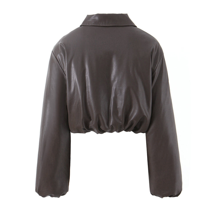 Damen cropped Kunstlederjacke mit elastischem Bund und klassischem Stehkragen Drune