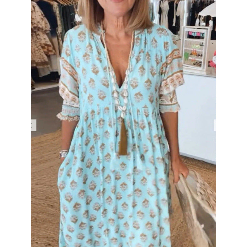 Damen Boho-Stil Kleid mit geflochtener Schnürung und handgefertigten Details Drune