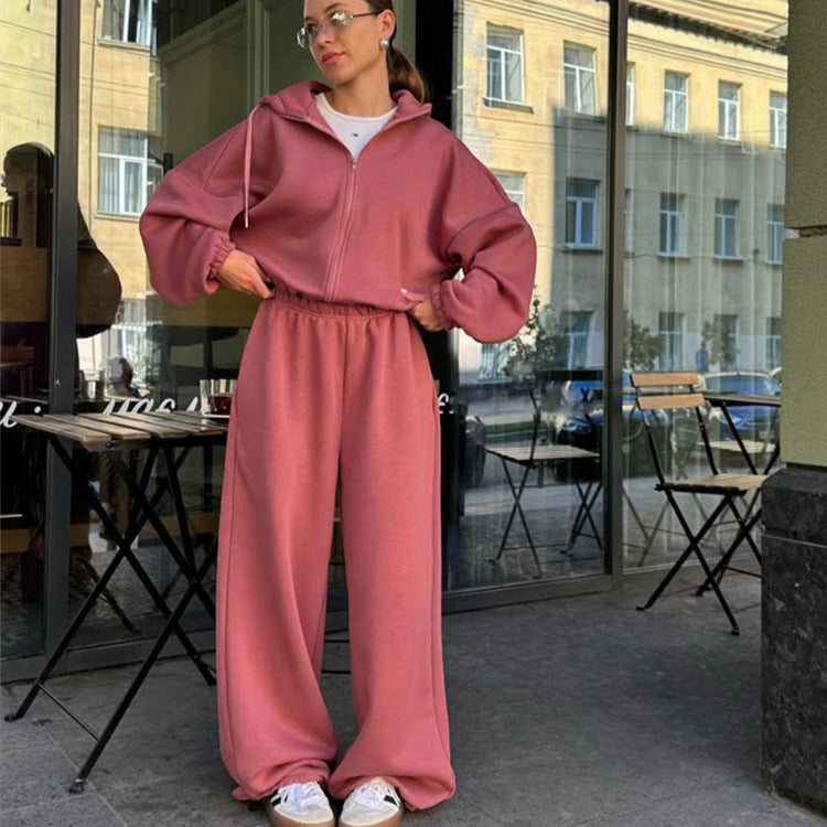 Damen lässiges Fleece-Set mit Reißverschluss und elastischem Bund Drune