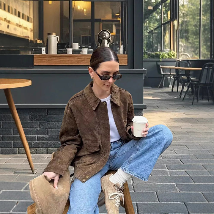 Damen modische Wildlederjacke mit Oversized-Schnitt Drune