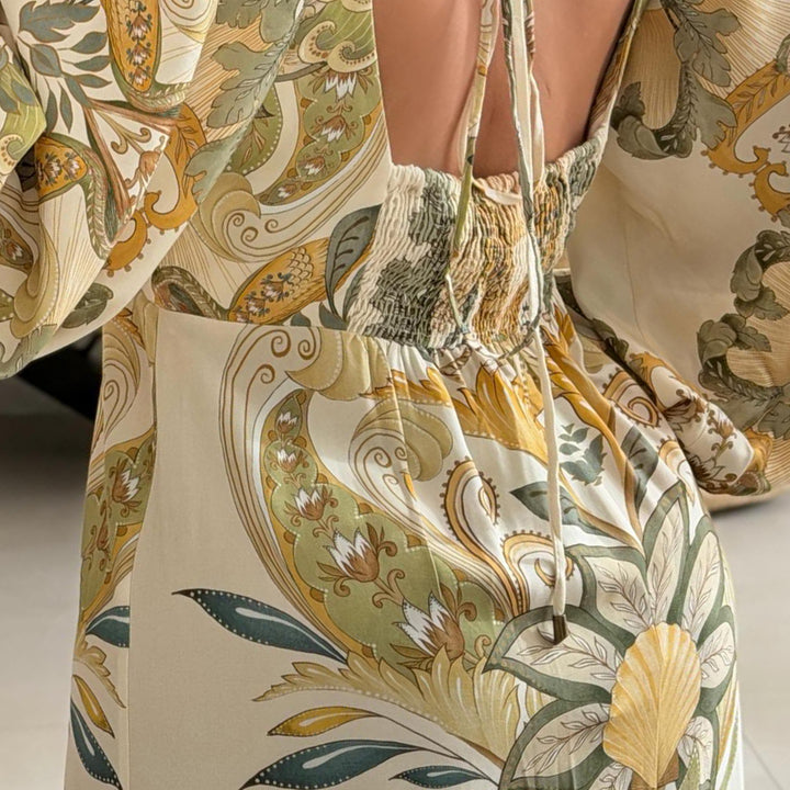 Damen Maxikleid mit kunstvollem Floral-Design und tiefem V-Ausschnitt Drune