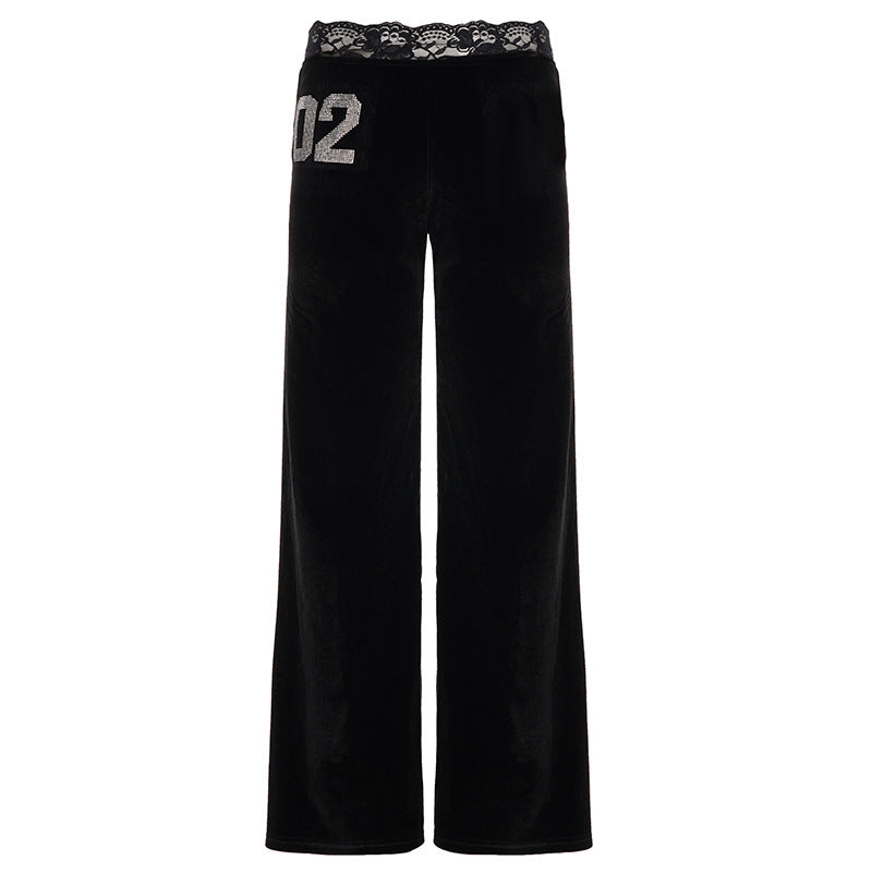 Damen weite Velvet-Palazzo-Hose mit Spitze Drune