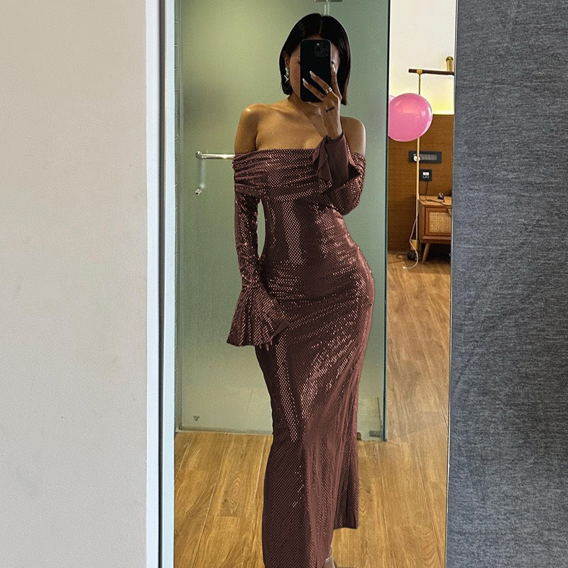 Damen figurbetontes Kleid mit Off-Shoulder-Design und funkelnden Akzenten Drune