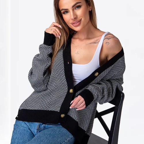 Damen modischer Strickcardigan im Chevron-Muster mit eleganter Knopfleiste Drune