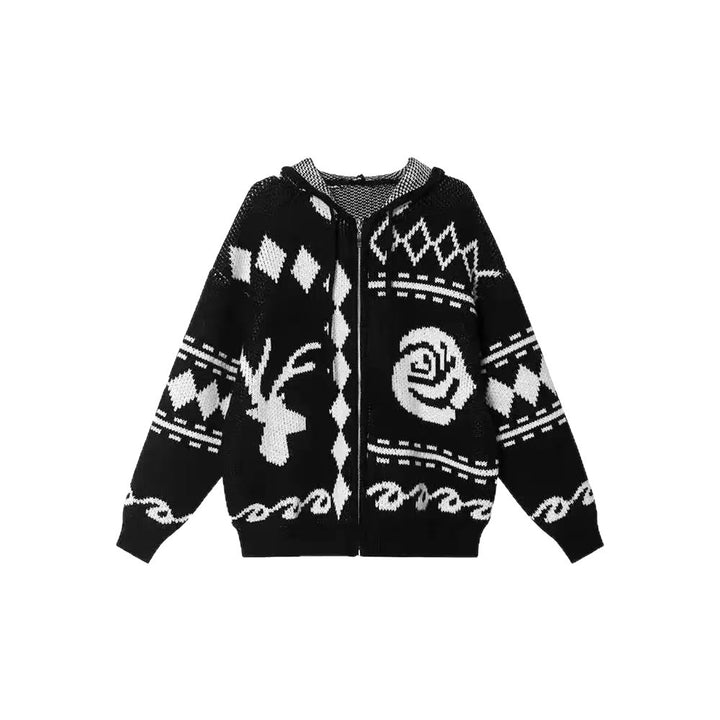 Damenmodische Strickjacke mit grafischem Muster und Kapuze Drune
