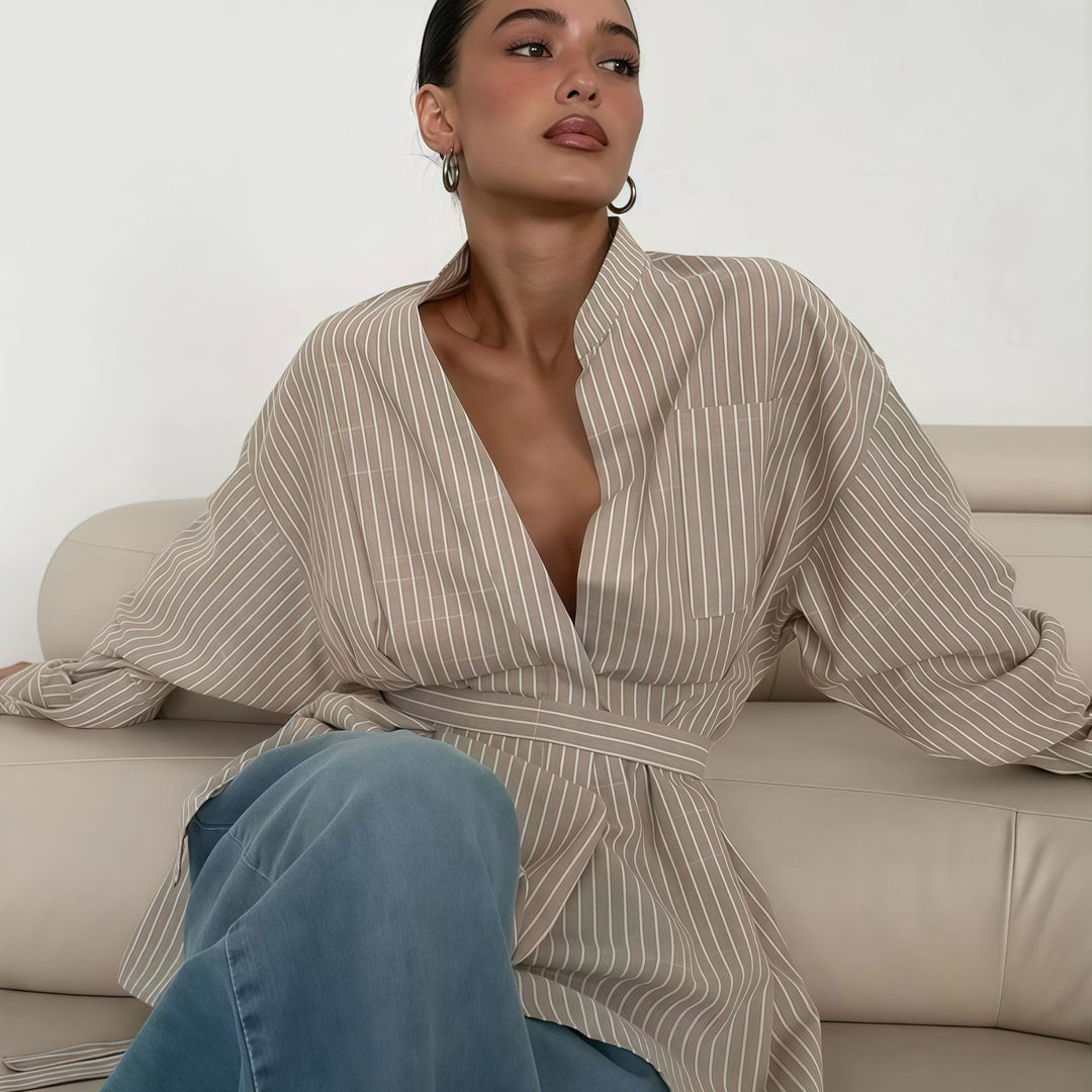 Damen elegante Bluse mit tailliertem Schnitt und Gürtel Drune