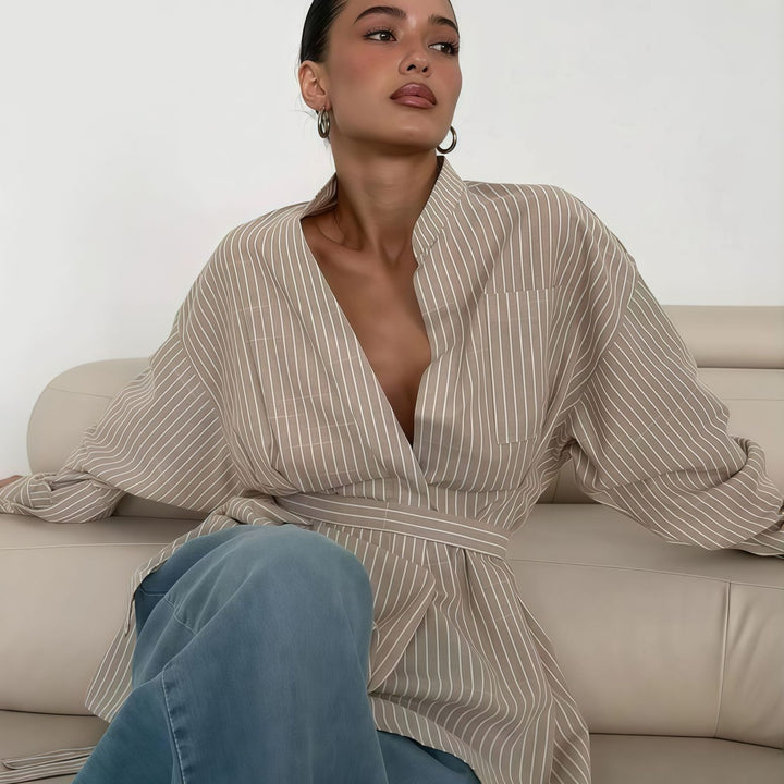 Damen elegante Bluse mit tailliertem Schnitt und Gürtel Drune
