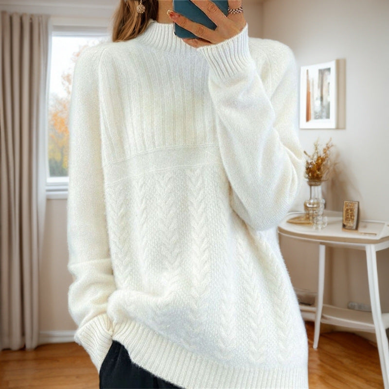 Damen Strickpullover mit kreativem Zopfmuster und hohem Kragen Drune