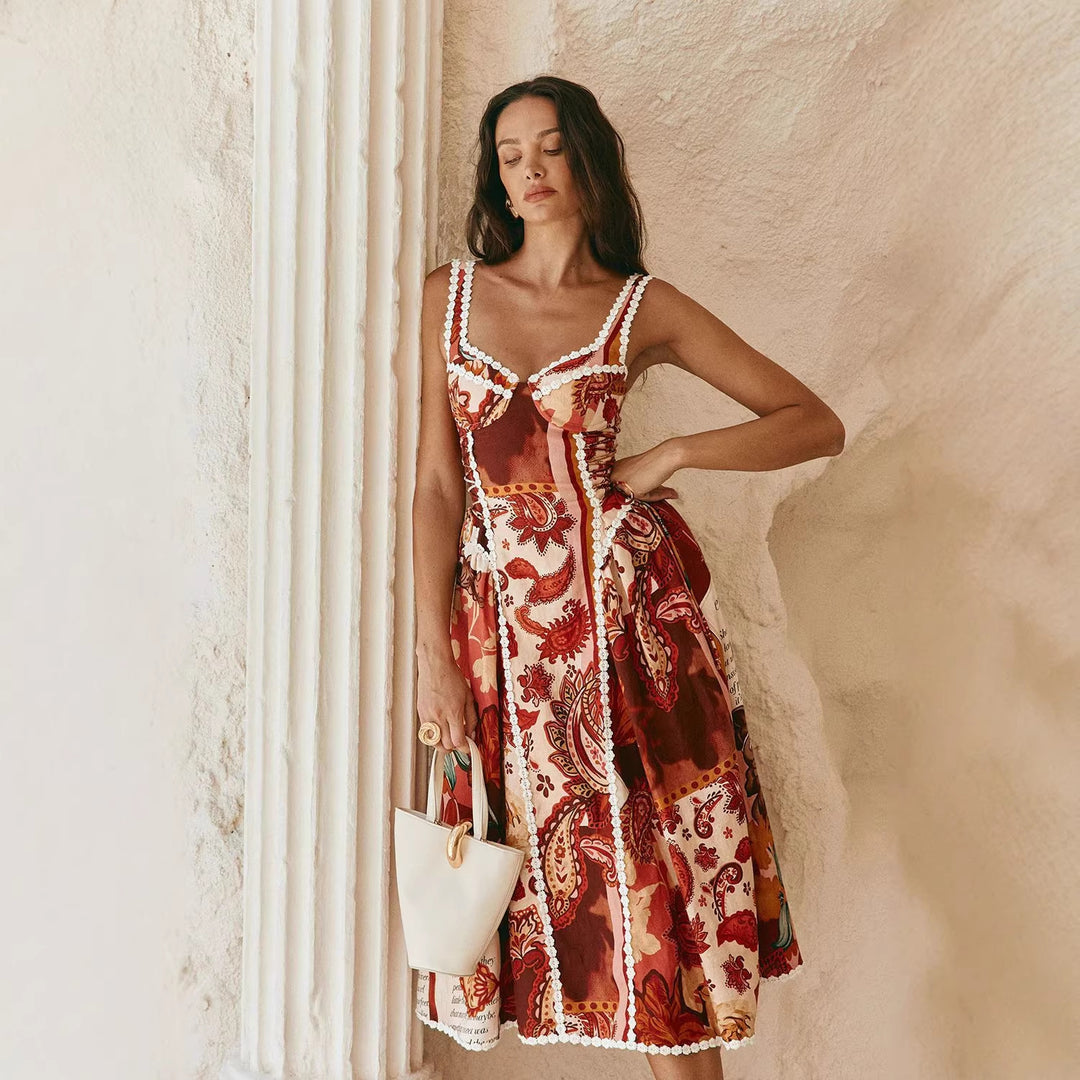 Damen Midi-Maxikleid mit verspieltem Patchwork-Design und Rüschendetails Drune