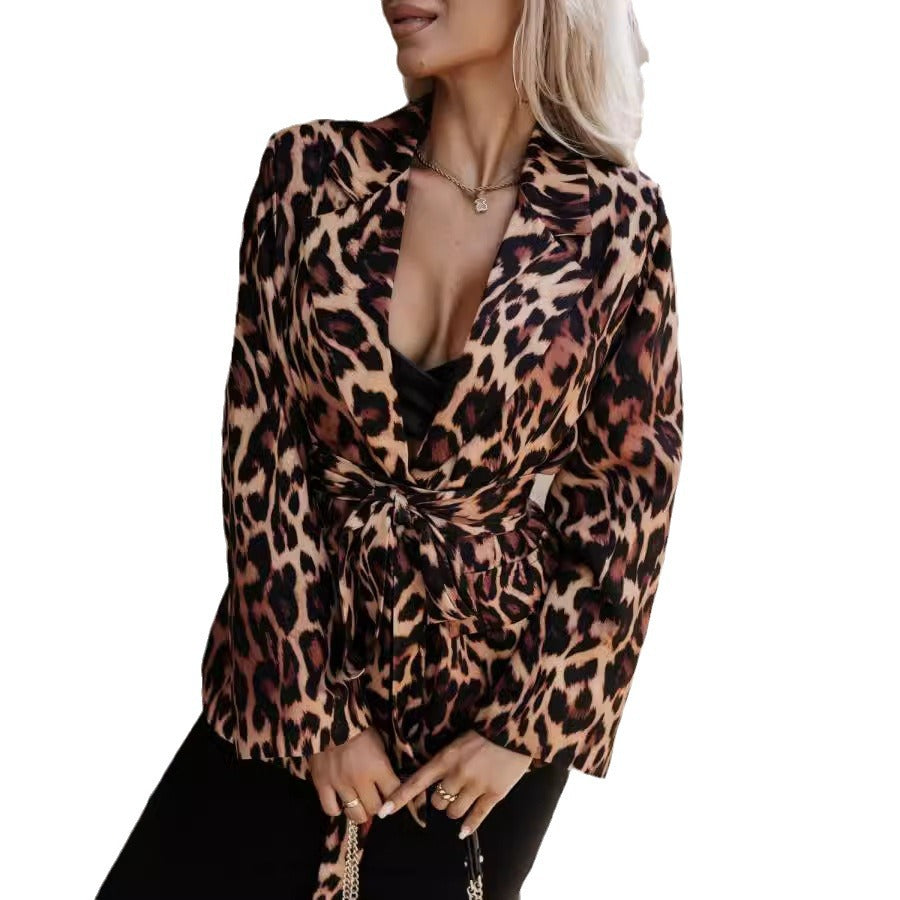 Damen Blazerjacke mit elegantem Leopardenmuster und taillierbarem Gürtel Drune
