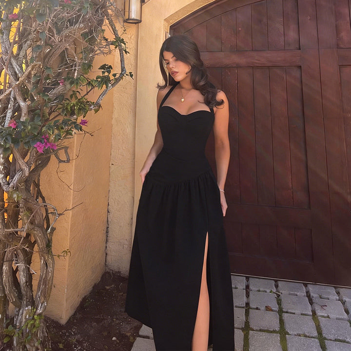 Damen schulterfreies Maxikleid mit raffiniertem Halterneck und fließendem Rock Drune