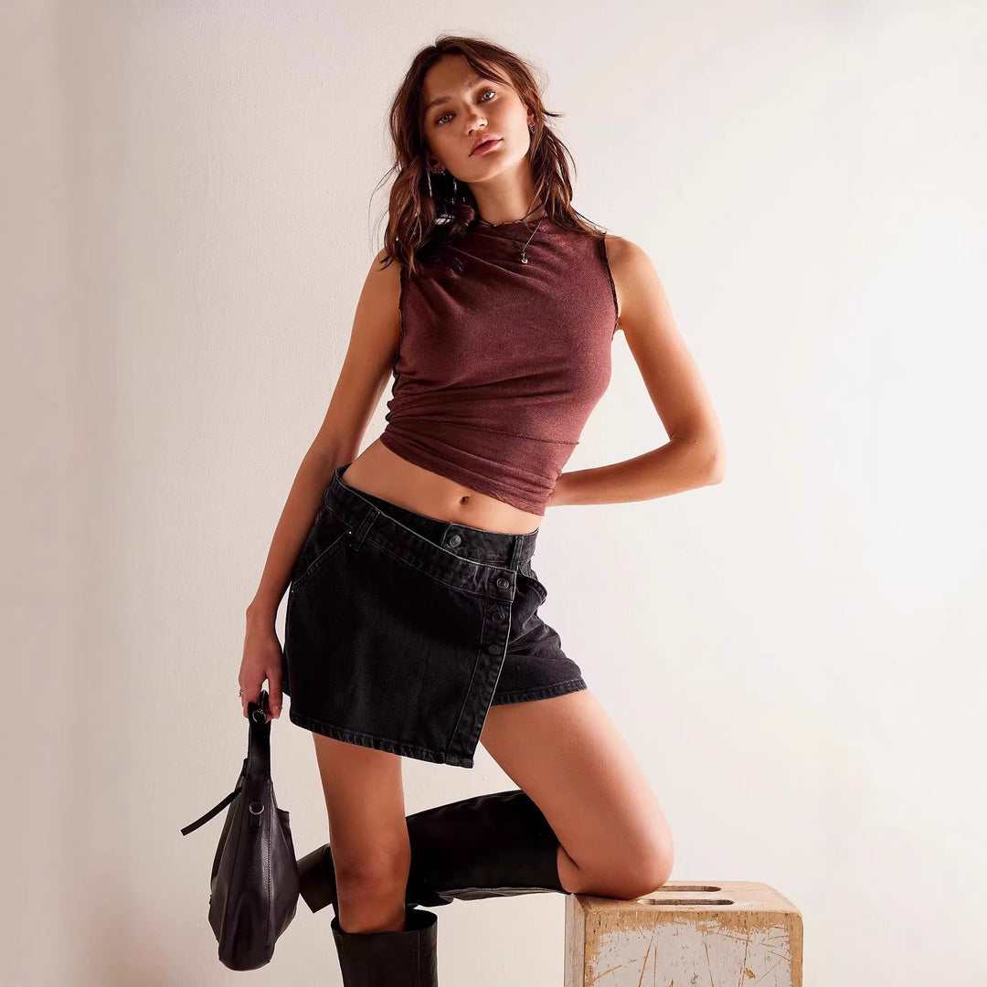 Damen modischer A-Linien-Denimrock mit asymmetrischem Knopfdesign und praktischen Taschen Drune