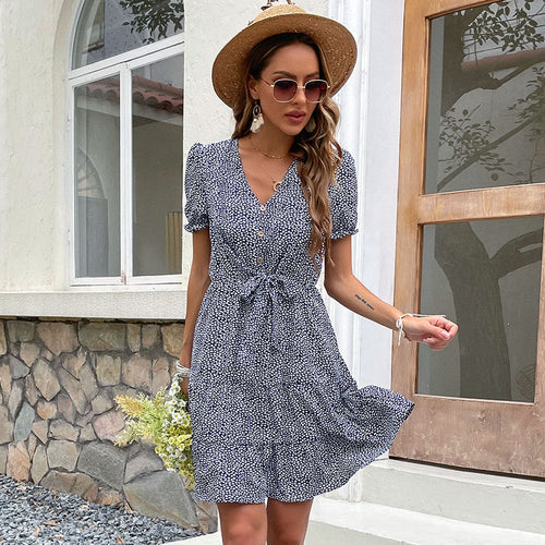 Damen Sommerkleid mit knöpfbarem V-Ausschnitt und eleganter Taillierung Drune