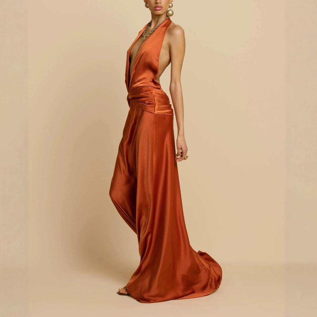Damen Elegantes Maxikleid mit tiefem V-Ausschnitt und raffinierten Drapierungen Drune
