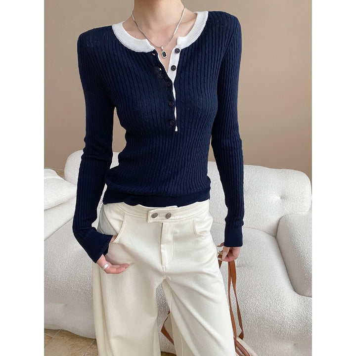 Damen lässiger Henley-Pullover mit Rippstruktur Drune
