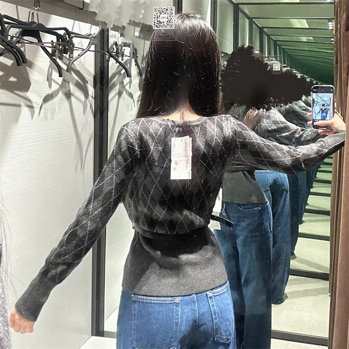 Damen Strickjacke mit modernem Karomuster und abnehmbarem Gürtel Drune