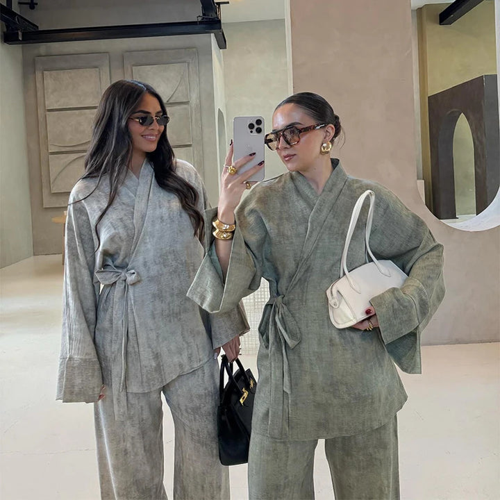 Damen Modisches und lässiges Set aus Oberteil und weiten Hosen Drune
